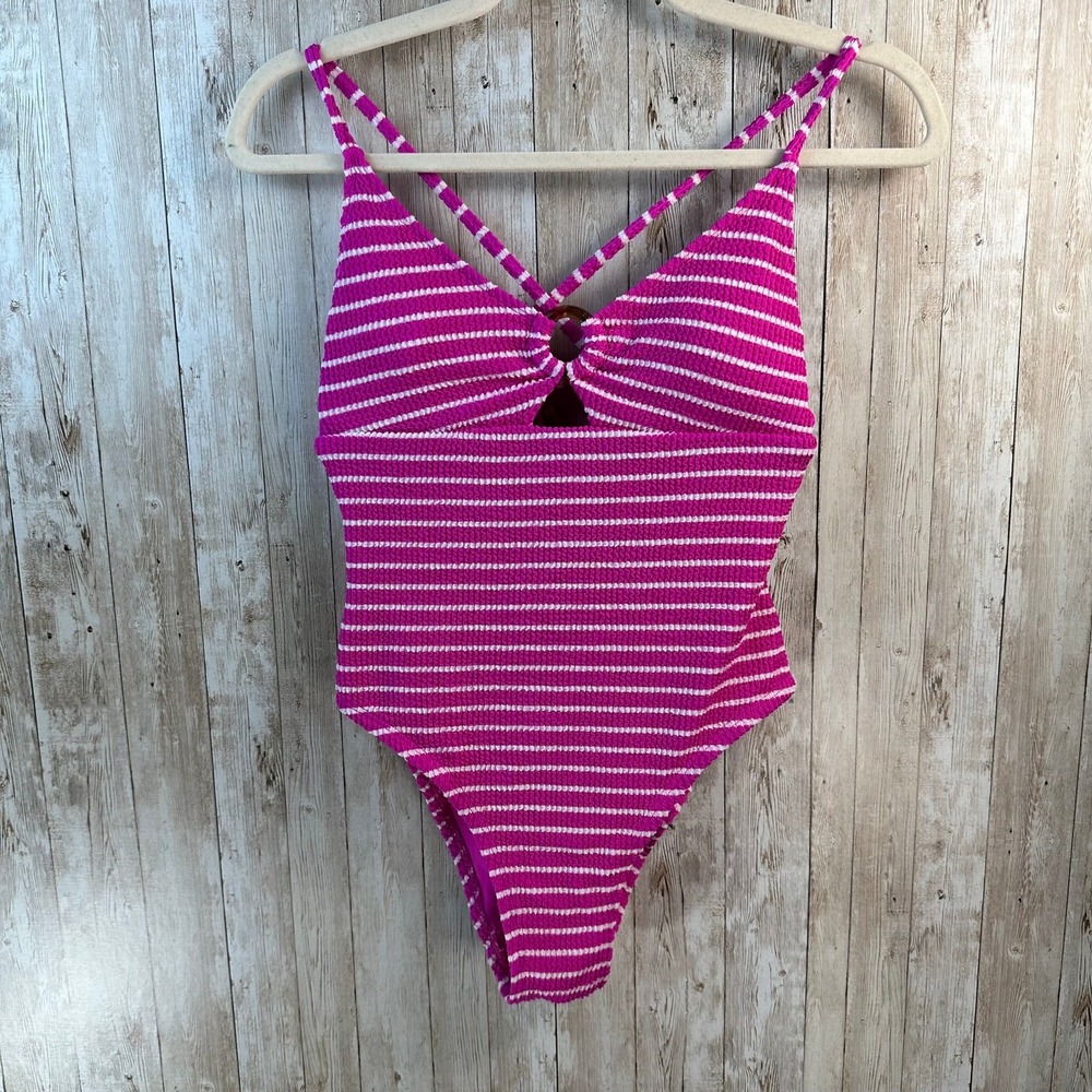 Lucky Brand One-piece Swimsuit Women S Hot Pink Keyhole Stripe Textured Beachy